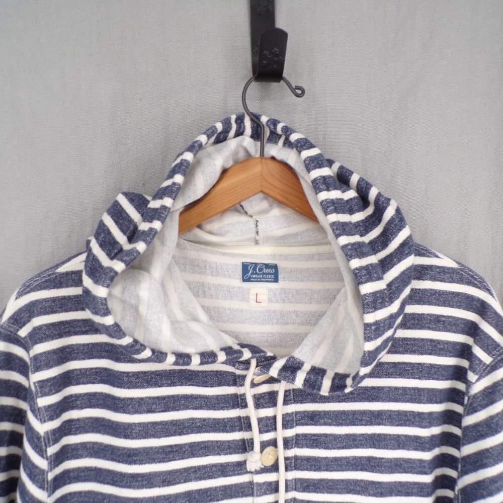 J. Crew Vintage Fleece Women's L Pullover Hoodie Blue White Stripe Cozy Cotton - Picture 2 of 9